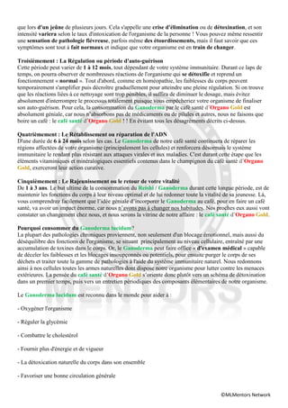 que lors d'un jeûne de plusieurs jours. Cela s'appelle une crise d'élimination ou de détoxination, et son
intensité variera selon le taux d'intoxication de l'organisme de la personne ! Vous pouvez même ressentir
une sensation de pathologie fiévreuse, parfois même des étourdissements, mais il faut savoir que ces
symptômes sont tout à fait normaux et indique que votre organisme est en train de changer.

Troisièmement : La Régulation ou période d'auto-guérison
Cette période peut varier de 1 à 12 mois, tout dépendant de votre système immunitaire. Durant ce laps de
temps, on pourra observer de nombreuses réactions de l'organisme qui se détoxifie et reprend un
fonctionnement « normal ». Tout d'abord, comme en homéopathie, les faiblesses du corps peuvent
temporairement s'amplifier puis décroître graduellement pour atteindre une pleine régulation. Si on trouve
que les réactions liées à ce nettoyage sont trop pénibles, il suffira de diminuer le dosage, mais évitez
absolument d'interrompre le processus totalement puisque vous empêcheriez votre organisme de finaliser
son auto-guérison. Pour cela, la consommation du Ganoderma par le café santé d’Organo Gold est
absolument géniale, car nous n’absorbons pas de médicaments ou de pilules et autres, nous ne faisons que
boire un café : le café santé d’Organo Gold ! ! En évitant tous les désagréments décrits ci-dessus.

Quatrièmement : Le Rétablissement ou réparation de l'ADN
D'une durée de 6 à 24 mois selon les cas. Le Ganoderma de notre café santé continuera de réparer les
régions affectées de votre organisme (principalement les cellules) et renforcera désormais le système
immunitaire le rendant plus résistant aux attaques virales et aux maladies. C'est durant cette étape que les
éléments vitaminiques et minéralogiques essentiels contenus dans le champignon du café santé d’Organo
Gold, exerceront leur action curative.

Cinquièmement : Le Rajeunissement ou le retour de votre vitalité
De 1 à 3 ans. Le but ultime de la consommation du Reishi / Ganoderma durant cette longue période, est de
maintenir les fonctions du corps à leur niveau optimal et de lui redonner toute la vitalité de sa jeunesse. Là,
vous comprendrez facilement que l’idée géniale d’incorporer le Ganoderma au café, pour en faire un café
santé, va avoir un impact énorme, car nous n’avons pas à changer nos habitudes. Nos proches eux aussi vont
constater un changement chez nous, et nous serons la vitrine de notre affaire : le café santé d’Organo Gold.

Pourquoi consommer du Ganoderma lucidum?
La plupart des pathologies chroniques proviennent, non seulement d'un blocage émotionnel, mais aussi du
déséquilibre des fonctions de l'organisme, se situant principalement au niveau cellulaire, entraîné par une
accumulation de toxines dans le corps. Or, le Ganoderma peut faire office « d'examen médical » capable
de déceler les faiblesses et les blocages insoupçonnés ou potentiels, pour ensuite purger le corps de ses
déchets et traiter toute la gamme de pathologies à l'aide du système immunitaire naturel. Nous redonnons
ainsi à nos cellules toutes les armes naturelles dont dispose notre organisme pour lutter contre les menaces
extérieures. La pensée du café santé d’Organo Gold s’oriente donc plutôt vers un schéma de détoxination
dans un premier temps, puis vers un entretien périodiques des composants élémentaires de notre organisme.

Le Ganoderma lucidum est reconnu dans le monde pour aider à :

- Oxygéner l'organisme

- Réguler la glycémie

- Combattre le cholestérol

- Fournir plus d'énergie et de vigueur

- La détoxication naturelle du corps dans son ensemble

- Favoriser une bonne circulation générale


                                                                                         ©MLMentors Network
 