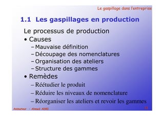Le gaspillage dans l’entrepriseLe gaspillage dans l’entreprise
11Animateur : Ahmed ADRI
1.1 Les gaspillages en production
Le processus de production
• Causes
– Mauvaise définition
– Découpage des nomenclatures
– Organisation des ateliers
– Structure des gammes
• Remèdes
– Réétudier le produit
– Réduire les niveaux de nomenclature
– Réorganiser les ateliers et revoir les gammes
 