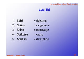 Le gaspillage dans l’entrepriseLe gaspillage dans l’entreprise
21Animateur : Ahmed ADRI
Les 5S
1. Seiri = débarras
2. Seiton = rangement
3. Seiso = nettoyage
4. Seiketsu = ordre
5. Shukan = discipline
 