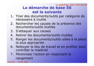 Le gaspillage dans l’entrepriseLe gaspillage dans l’entreprise
22Animateur : Ahmed ADRI
La démarche de base 5S
est la suivante
1. Trier des documents/outils par catégorie de
nécessaire à inutile
2. Rechercher les causes de la présence des
documents/outils inutiles
3. S’attaquer aux causes
4. Retirer les documents/outils inutiles
5. Ranger les documents/outils utiles à la place
la plus appropriée
6. Nettoyer le lieu de travail et en profiter pour
contrôler le matériel
7. Pérenniser l’action en respectant le
rangement
 