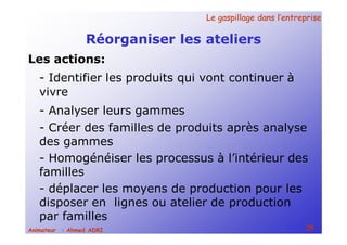Le gaspillage dans l’entrepriseLe gaspillage dans l’entreprise
28Animateur : Ahmed ADRI
Réorganiser les ateliers
Les actions:
- Identifier les produits qui vont continuer à
vivre
- Analyser leurs gammes
- Créer des familles de produits après analyse
des gammes
- Homogénéiser les processus à l’intérieur des
familles
- déplacer les moyens de production pour les
disposer en lignes ou atelier de production
par familles
 