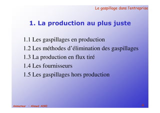 Le gaspillage dans l’entrepriseLe gaspillage dans l’entreprise
4Animateur : Ahmed ADRI
1. La production au plus juste
1.1 Les gaspillages en production
1.2 Les méthodes d’élimination des gaspillages
1.3 La production en flux tiré
1.4 Les fournisseurs
1.5 Les gaspillages hors production
 