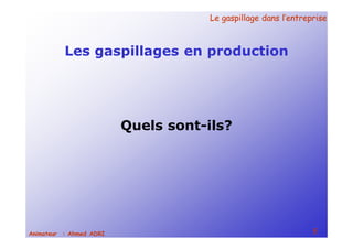 Le gaspillage dans l’entrepriseLe gaspillage dans l’entreprise
5Animateur : Ahmed ADRI
Les gaspillages en production
Quels sont-ils?
 