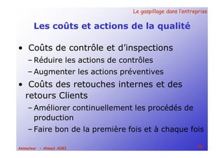 Le gaspillage dans l’entrepriseLe gaspillage dans l’entreprise
50Animateur : Ahmed ADRI
Les coûts et actions de la qualité
• Coûts de contrôle et d’inspections
– Réduire les actions de contrôles
– Augmenter les actions préventives
• Coûts des retouches internes et des
retours Clients
– Améliorer continuellement les procédés de
production
– Faire bon de la première fois et à chaque fois
 