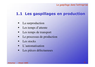 Le gaspillage dans l’entrepriseLe gaspillage dans l’entreprise
6Animateur : Ahmed ADRI
1.1 Les gaspillages en production
La surproduction
Les temps d’attente
Les temps de transport
Le processus de production
Les stocks
L’automatisation
Les pièces défectueuses
 