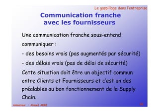 Le gaspillage dans l’entrepriseLe gaspillage dans l’entreprise
61Animateur : Ahmed ADRI
Communication franche
avec les fournisseurs
Une communication franche sous-entend
communiquer :
- des besoins vrais (pas augmentés par sécurité)
- des délais vrais (pas de délai de sécurité)
Cette situation doit être un objectif commun
entre Clients et Fournisseurs et c’est un des
préalables au bon fonctionnement de la Supply
Chain.
 
