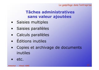 Le gaspillage dans l’entrepriseLe gaspillage dans l’entreprise
63Animateur : Ahmed ADRI
Tâches administratives
sans valeur ajoutées
• Saisies multiples
• Saisies parallèles
• Calculs parallèles
• Éditions inutiles
• Copies et archivage de documents
inutiles
• etc.
 
