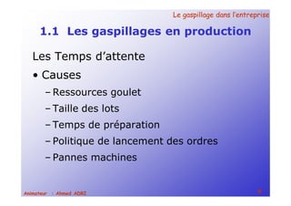 Le gaspillage dans l’entrepriseLe gaspillage dans l’entreprise
8Animateur : Ahmed ADRI
1.1 Les gaspillages en production
Les Temps d’attente
• Causes
– Ressources goulet
– Taille des lots
– Temps de préparation
– Politique de lancement des ordres
– Pannes machines
 