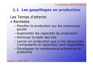 Le gaspillage dans l’entrepriseLe gaspillage dans l’entreprise
9Animateur : Ahmed ADRI
1.1 Les gaspillages en production
Les Temps d’attente
• Remèdes
– Planifier la production sur les ressources
goulet
– Augmenter les capacités de production
– Diminuer la taille des lots
– Lancer en production que si les ressources
(composants et capacités) sont disponibles
– Développer la maintenance préventive et
prédictive
 