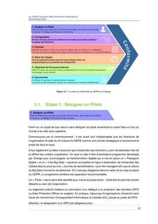 Le GDPR (General Data Protection Regulation)
METHODOLOGIE
10
3.1. Etape 1 : Désigner un Pilote
Partir sur un projet tel que celui-ci sans désigner de pilote reviendrait à vouloir faire un tour du
monde à la voile sans capitaine.
Commençons par le commencement : il est avant tout indispensable que les directions de
l’organisation et celle du SI incluent le GDPR comme une priorité stratégique et soutiennent le
projet de bout en bout.
Il faut également qu’elles s’assurent que l’ensemble des directions y sont sensibilisées très tôt
et offrent leur entière coopération. On peut ici citer à titre d’exemple le programme développé
par Orange pour accompagner sa transformation digitale qui a mis en place un « Passeport
Digital » et un « Visa Big Data » (examen accessible en ligne à destination de l’ensemble des
collaborateurs) ainsi qu’une « Journée de sensibilisation » pour les managers afin que la culture
du Big Data s’enracine durablement. S’il n’est pas obligatoire dans le cadre de la mise en place
du GDPR, un programme similaire est cependant recommandable.
Un « Pilote » devra alors être identifié pour mener le projet à bien : il doit être le point de contact
désigné au sein de l’organisation.
Le règlement prévoit d’ailleurs la nomination d’un délégué à la protection des données (DPO
ou Data Protection Officer en anglais). En pratique, beaucoup d’organisations choisiront sans
doute de nommer leur Correspondant Informatique et Libertés (CIL) actuel au poste de DPO.
Attention, la désignation d’un DPO est obligatoire pour :
Figure 3-1 : La mise en conformité au GDPR en 6 étapes
 