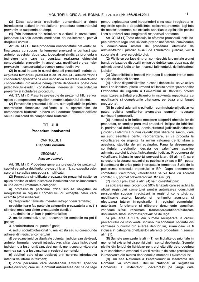 Legea Nr 85 Din 2014 Privind Procedurile De Prevenire A Insolventei S