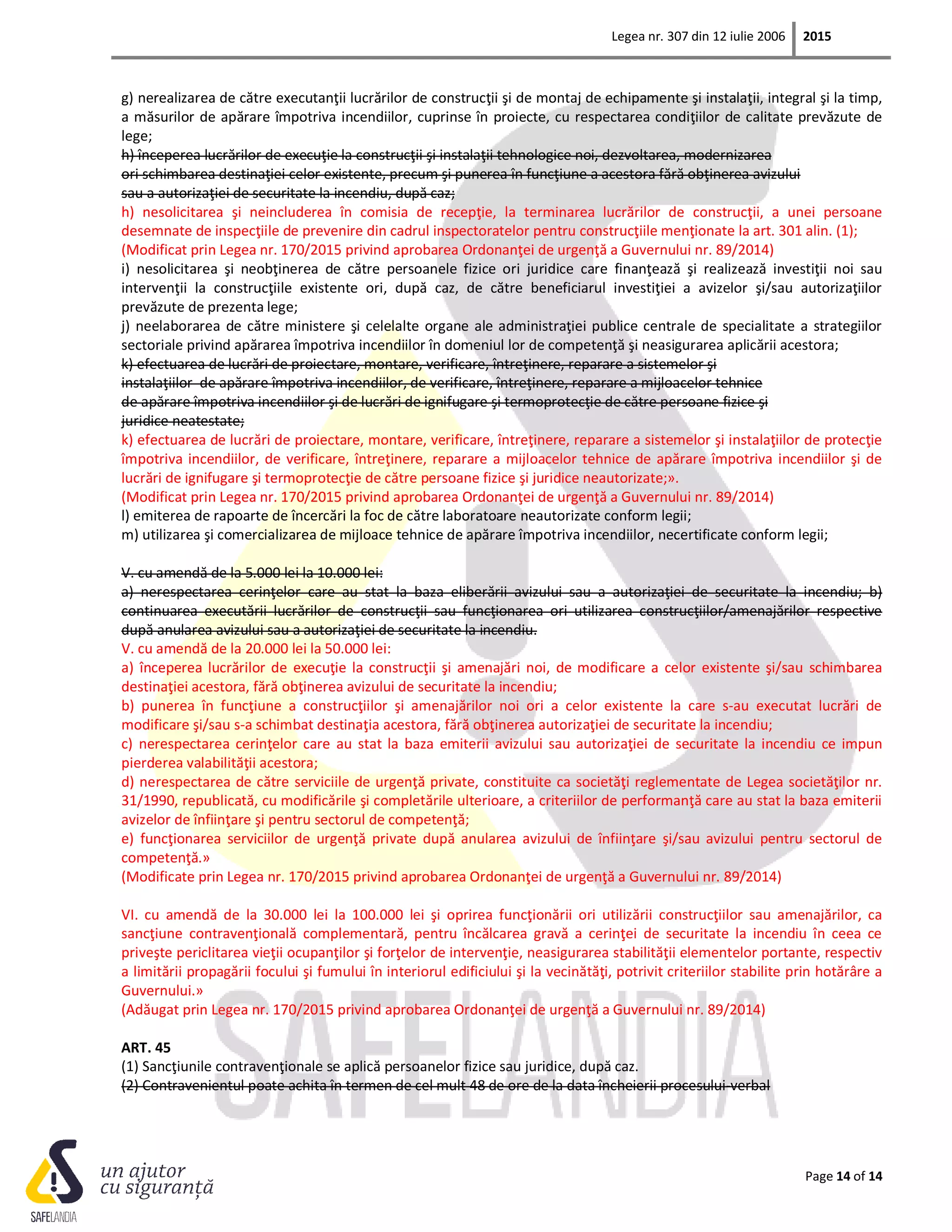 Legea nr. 307 din 12 iulie 2006 2015
Page 14 of 14
g) nerealizarea de către executanţii lucrărilor de construcţii şi de montaj de echipamente şi instalaţii, integral şi la timp,
a măsurilor de apărare împotriva incendiilor, cuprinse în proiecte, cu respectarea condiţiilor de calitate prevăzute de
lege;
h) începerea lucrărilor de execuţie la construcţii şi instalaţii tehnologice noi, dezvoltarea, modernizarea
ori schimbarea destinaţiei celor existente, precum şi punerea în funcţiune a acestora fără obţinerea avizului
sau a autorizaţiei de securitate la incendiu, după caz;
h) nesolicitarea şi neincluderea în comisia de recepţie, la terminarea lucrărilor de construcţii, a unei persoane
desemnate de inspecţiile de prevenire din cadrul inspectoratelor pentru construcţiile menţionate la art. 301 alin. (1);
(Modificat prin Legea nr. 170/2015 privind aprobarea Ordonanţei de urgenţă a Guvernului nr. 89/2014)
i) nesolicitarea şi neobţinerea de către persoanele fizice ori juridice care finanţează şi realizează investiţii noi sau
intervenţii la construcţiile existente ori, după caz, de către beneficiarul investiţiei a avizelor şi/sau autorizaţiilor
prevăzute de prezenta lege;
j) neelaborarea de către ministere şi celelalte organe ale administraţiei publice centrale de specialitate a strategiilor
sectoriale privind apărarea împotriva incendiilor în domeniul lor de competenţă şi neasigurarea aplicării acestora;
k) efectuarea de lucrări de proiectare, montare, verificare, întreţinere, reparare a sistemelor şi
instalaţiilor de apărare împotriva incendiilor, de verificare, întreţinere, reparare a mijloacelor tehnice
de apărare împotriva incendiilor şi de lucrări de ignifugare şi termoprotecţie de către persoane fizice şi
juridice neatestate;
k) efectuarea de lucrări de proiectare, montare, verificare, întreţinere, reparare a sistemelor şi instalaţiilor de protecţie
împotriva incendiilor, de verificare, întreţinere, reparare a mijloacelor tehnice de apărare împotriva incendiilor şi de
lucrări de ignifugare şi termoprotecţie de către persoane fizice şi juridice neautorizate;».
(Modificat prin Legea nr. 170/2015 privind aprobarea Ordonanţei de urgenţă a Guvernului nr. 89/2014)
l) emiterea de rapoarte de încercări la foc de către laboratoare neautorizate conform legii;
m) utilizarea şi comercializarea de mijloace tehnice de apărare împotriva incendiilor, necertificate conform legii;
V. cu amendă de la 5.000 lei la 10.000 lei:
a) nerespectarea cerinţelor care au stat la baza eliberării avizului sau a autorizaţiei de securitate la incendiu; b)
continuarea executării lucrărilor de construcţii sau funcţionarea ori utilizarea construcţiilor/amenajărilor respective
după anularea avizului sau a autorizaţiei de securitate la incendiu.
V. cu amendă de la 20.000 lei la 50.000 lei:
a) începerea lucrărilor de execuţie la construcţii şi amenajări noi, de modificare a celor existente şi/sau schimbarea
destinaţiei acestora, fără obţinerea avizului de securitate la incendiu;
b) punerea în funcţiune a construcţiilor şi amenajărilor noi ori a celor existente la care s-au executat lucrări de
modificare şi/sau s-a schimbat destinaţia acestora, fără obţinerea autorizaţiei de securitate la incendiu;
c) nerespectarea cerinţelor care au stat la baza emiterii avizului sau autorizaţiei de securitate la incendiu ce impun
pierderea valabilităţii acestora;
d) nerespectarea de către serviciile de urgenţă private, constituite ca societăţi reglementate de Legea societăţilor nr.
31/1990, republicată, cu modificările şi completările ulterioare, a criteriilor de performanţă care au stat la baza emiterii
avizelor de înfiinţare şi pentru sectorul de competenţă;
e) funcţionarea serviciilor de urgenţă private după anularea avizului de înfiinţare şi/sau avizului pentru sectorul de
competenţă.»
(Modificate prin Legea nr. 170/2015 privind aprobarea Ordonanţei de urgenţă a Guvernului nr. 89/2014)
VI. cu amendă de la 30.000 lei la 100.000 lei şi oprirea funcţionării ori utilizării construcţiilor sau amenajărilor, ca
sancţiune contravenţională complementară, pentru încălcarea gravă a cerinţei de securitate la incendiu în ceea ce
priveşte periclitarea vieţii ocupanţilor şi forţelor de intervenţie, neasigurarea stabilităţii elementelor portante, respectiv
a limitării propagării focului şi fumului în interiorul edificiului şi la vecinătăţi, potrivit criteriilor stabilite prin hotărâre a
Guvernului.»
(Adăugat prin Legea nr. 170/2015 privind aprobarea Ordonanţei de urgenţă a Guvernului nr. 89/2014)
ART. 45
(1) Sancţiunile contravenţionale se aplică persoanelor fizice sau juridice, după caz.
(2) Contravenientul poate achita în termen de cel mult 48 de ore de la data încheierii procesului-verbal
 