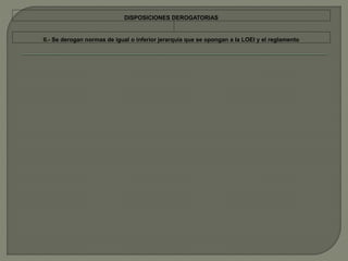 DISPOSICIONES DEROGATORIAS 
II.- Se derogan normas de igual o inferior jerarquía que se opongan a la LOEI y el reglamento 
