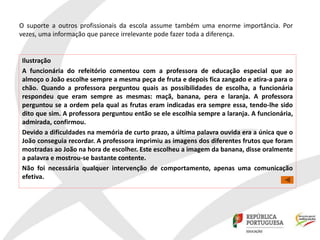 O suporte a outros profissionais da escola assume também uma enorme importância. Por
vezes, uma informação que parece irrelevante pode fazer toda a diferença.
Ilustração
A funcionária do refeitório comentou com a professora de educação especial que ao
almoço o João escolhe sempre a mesma peça de fruta e depois fica zangado e atira-a para o
chão. Quando a professora perguntou quais as possibilidades de escolha, a funcionária
respondeu que eram sempre as mesmas: maçã, banana, pera e laranja. A professora
perguntou se a ordem pela qual as frutas eram indicadas era sempre essa, tendo-lhe sido
dito que sim. A professora perguntou então se ele escolhia sempre a laranja. A funcionária,
admirada, confirmou.
Devido a dificuldades na memória de curto prazo, a última palavra ouvida era a única que o
João conseguia recordar. A professora imprimiu as imagens dos diferentes frutos que foram
mostradas ao João na hora de escolher. Este escolheu a imagem da banana, disse oralmente
a palavra e mostrou-se bastante contente.
Não foi necessária qualquer intervenção de comportamento, apenas uma comunicação
efetiva.
 