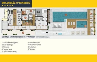 IMPLANTAÇÃO 21º PAVIMENTO
1. Sala de massagem
2. Sala de Ioga
3. Fitness
4. Sauna seca
5. Sala de descanso
6. Piscina adulto
7. Piscina infantil
8. Solarium
9. Terraço
ILUSTRAÇÃO ARTÍSTICA DA PLANTA DO 21º PAVIMENTO - FITNESS E PISCINAS
 