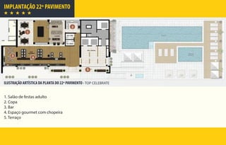 IMPLANTAÇÃO 22º PAVIMENTO
1. Salão de festas adulto
2. Copa
3. Bar
4. Espaço gourmet com chopeira
5. Terraço
ILUSTRAÇÃO ARTÍSTICA DA PLANTA DO 22º PAVIMENTO - TOP CELEBRATE
 