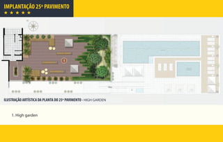 IMPLANTAÇÃO 25º PAVIMENTO
1. High garden
ILUSTRAÇÃO ARTÍSTICA DA PLANTA DO 25º PAVIMENTO - HIGH GARDEN
 