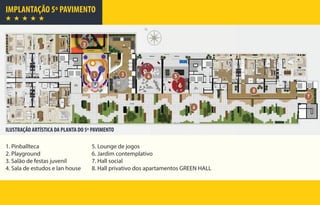 IMPLANTAÇÃO 5º PAVIMENTO
ILUSTRAÇÃO ARTÍSTICA DA PLANTA DO 5º PAVIMENTO
1. Pinballteca
2. Playground
3. Salão de festas juvenil
4. Sala de estudos e lan house
5. Lounge de jogos
6. Jardim contemplativo
7. Hall social
8. Hall privativo dos apartamentos GREEN HALL
 