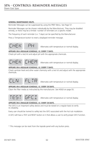 SPA - CONTROLS: REMINDER MESSAGES
Down East Spas




    General maintenance helps.
    Reminder Messages can be suppressed by using the PREF Menu. See Page 57.
    Reminder Messages can be chosen individually by the Manufacturer. They may be disabled
    entirely, or there may be a limited number of reminders on a specific model.
    The frequency of each reminder (i.e. 7 days) can be specified by the Manufacturer.
    Press a Temperature button to reset a displayed reminder message.



                                            Alternates with temperature or normal display.

    Appears on a regular schedule, i.e. every 7 days.
    Check pH with a test kit and adjust pH with the appropriate chemicals.



                                            Alternates with temperature or normal display.

    Appears on a regular schedule, i.e. every 7 days.
    Check sanitizer level and other water chemistry with a test kit and adjust with the appropriate
    chemicals.



                                            Alternates with temperature or normal display.

    Appears on a regular schedule, i.e. every 30 days.
    Clean the filter media as instructed by the manufacturer. See HOLD on page 55.



                                            Alternates with temperature or normal display.

    Appears on a regular schedule, i.e. every 30 days.
    The GFCI is an important safety device and must be tested on a regular basis to verify
    its reliability.
    Every user should be trained to safely test the GFCI associated with the hot tub installation.
    A GFCI will have a TEST and RESET button on it that allows a user to verify proper GFCI function.




    * This message can be reset from the topside panel with any button press.




DO NOT DIVE.                                       62
 