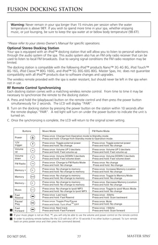 fusion docking station


  Warning: Never remain in your spa longer than 15 minutes per session when the water
  temperature is above 98˚F. If you wish to spend more time in your spa, whether enjoying
  music, or just lounging, be sure to keep the spa water at or below body temperature (98.6˚F).


*Please refer to your stereo Owner’s Manual for specific operations.
Optional Stereo Docking Station
Your spa is equipped with an iPod™ docking station that will allow you to listen to personal selections
through the audio system of the spa. This audio system also has an FM only radio receiver that can be
used to listen to local FM broadcasts. Due to varying signal conditions the FM radio reception may be
limited.
The docking station is compatible with the following iPod™ products Nano™ 3G 4G 8G, iPod Touch™
8G 16G, iPod Classic™ 80G 160G, and iPod™ 5G 30G 60G 80G. Master Spas, Inc. does not guarantee
compatibility with all iPod™ products due to software changes and upgrades.
The wireless remote provided with the spa is water resistant, but should never be left in the spa when
not in use.
RF Remote Control Synchronizing
Each docking station comes with a matching wireless remote control. From time to time it may be
necessary to synchronize the remote to the docking station.
A.  ress and hold the (play/pause) button on the remote control and then press the power button
   P
   simultaneously for 2 seconds. The LCD will display “PAIR”.
B.  urn on the docking station by pressing the power button on the station within 10 seconds after
   T
   the remote displays “PAIR”. A red light will turn on under the power button to indicate the unit is
   turned on.
C. Once the synchronizing is complete, the LCD will return to the original screen setting.
   




     If your music player is not an iPod, ™, you will only be able to use the volume and power control on the remote control.
     In order to prolong remote battery life the LCD will shut off in 10 seconds if no other button is pressed. To turn remote
     back on press power once and then press the command desired.




DO NOT DIVE.                                                       77
 