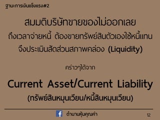 12
ฐำนะกำรเงินแข็งแรง#2
ตำนำนหุ้นคุณค่ำ
สมมติบริษัทขายของไม่ออกเลย
ถึงเวลาจ่ายหนี้ ต้องขายทรัพย์สินตัวเองใ ้หนี้แทน
จึงประเมินสัดส่วนสภาพคล่อง (Liquidity)
คร่าวๆได้จาก
Current Asset/Current Liability
(ทรัพย์สินหมุนเวียน/หนี้สินหมุนเวียน)
 