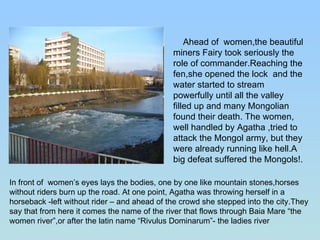Ahead of  women,the beautiful miners Fairy took seriously the role of commander.Reaching the fen,she opened the lock  and the water started to stream powerfully until all the valley filled up and many Mongolian found their death. The women, well handled by Agatha ,tried to attack the Mongol army, but they were already running like hell.A big defeat suffered the Mongols!. In front of  women’s eyes lays the bodies, one by one like mountain stones,horses without riders burn up the road. At one point, Agatha was throwing herself in a horseback -left without rider – and ahead of the crowd she stepped into the city.They say that from here it comes the name of the river that flows through Baia Mare “the women river”,or after the latin name “Rivulus Dominarum”- the ladies river 