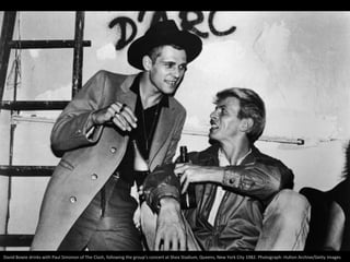 David Bowie drinks with Paul Simonon of The Clash, following the group’s concert at Shea Stadium, Queens, New York City 1982. Photograph: Hulton Archive/Getty Images
 