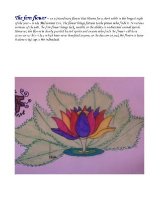 The fern flower – an extraordinary flower that blooms for a short while in the longest night
of the year – in the Midsummer Eve. The flower brings fortune to the person who finds it. In various
versions of the tale, the fern flower brings luck, wealth, or the ability to understand animal speech.
However, the flower is closely guarded by evil spirits and anyone who finds the flower will have
access to earthly riches, which have never benefited anyone, so the decision to pick the flower or leave
it alone is left up to the individual.
 