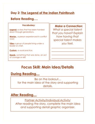 Day 2: The Legend of the Indian Paintbrush
 Before Reading….
              Vocabulary:                      Make a Connection:
Legend- a story that has been handed         What a special talent
down through generations.
                                            that you have? Explain
Warrior- a person experienced in conflict       how having that
(war)
                                              special talent makes
Tribe-a group of people living under a              you feel.
leader or chief.
                                            _______________________
Custom- a usual practice.                   _______________________
Deeds- something that was done, an act      _______________________
of courage or skill.                        _______________________
                                            _______________________

             Focus Skill: Main Idea/Details
 During Reading…
                     Be on the lookout…
        for the main idea of the story and supporting
                           details.


 After Reading…
              Partner Activity/Individual Activity:
      After reading the story, complete the main idea
          and supporting detail graphic organizer.
 
