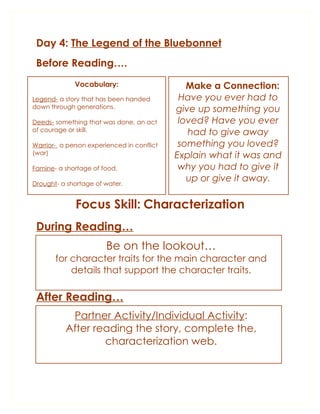 Day 4: The Legend of the Bluebonnet
 Before Reading….
             Vocabulary:                       Make a Connection:
Legend- a story that has been handed         Have you ever had to
down through generations.                   give up something you
Deeds- something that was done, an act       loved? Have you ever
of courage or skill.                           had to give away
Warrior- a person experienced in conflict    something you loved?
(war)                                       Explain what it was and
Famine- a shortage of food.                  why you had to give it
Drought- a shortage of water.
                                               up or give it away.

              Focus Skill: Characterization
 During Reading…
                        Be on the lookout…
       for character traits for the main character and
           details that support the character traits.

 After Reading…
           Partner Activity/Individual Activity:
          After reading the story, complete the,
                  characterization web.
 