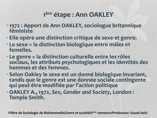 1ère étape : Ann OAKLEY
• 1972 : Apport de Ann OAKLEY, sociologue britannique
féministe
• Elle opère une distinction critique de sexe et genre.
• Le sexe = la distinction biologique entre mâles et
femelles.
• Le genre = la distinction culturelle entre les rôles
sociaux, les attributs psychologiques et les identités des
hommes et des femmes.
• Selon Oakley le sexe est un donné biologique invariant,
tandis que le genre est une donnée sociale contingente
qui peut être modifiée par l’action politique
• OAKLEY A., 1972, Sex, Gender and Society, London :
Temple Smith.
Filière de Sociologie de Mohammedia/Genre et société/6ème semestre/Professeur: Souad Azizi
 