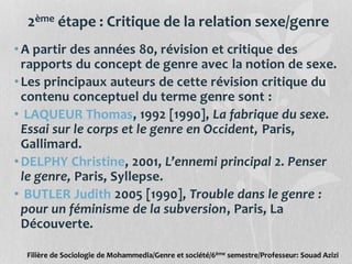 2ème étape : Critique de la relation sexe/genre
•A partir des années 80, révision et critique des
rapports du concept de genre avec la notion de sexe.
•Les principaux auteurs de cette révision critique du
contenu conceptuel du terme genre sont :
• LAQUEUR Thomas, 1992 [1990], La fabrique du sexe.
Essai sur le corps et le genre en Occident, Paris,
Gallimard.
•DELPHY Christine, 2001, L’ennemi principal 2. Penser
le genre, Paris, Syllepse.
• BUTLER Judith 2005 [1990], Trouble dans le genre :
pour un féminisme de la subversion, Paris, La
Découverte.
Filière de Sociologie de Mohammedia/Genre et société/6ème semestre/Professeur: Souad Azizi
 