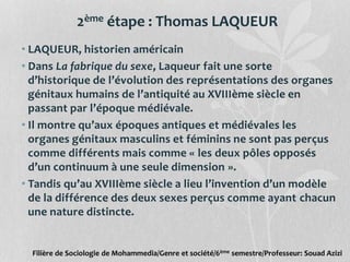 2ème étape : Thomas LAQUEUR
• LAQUEUR, historien américain
• Dans La fabrique du sexe, Laqueur fait une sorte
d’historique de l’évolution des représentations des organes
génitaux humains de l’antiquité au XVIIIème siècle en
passant par l’époque médiévale.
• Il montre qu’aux époques antiques et médiévales les
organes génitaux masculins et féminins ne sont pas perçus
comme différents mais comme « les deux pôles opposés
d’un continuum à une seule dimension ».
• Tandis qu’au XVIIIème siècle a lieu l’invention d’un modèle
de la différence des deux sexes perçus comme ayant chacun
une nature distincte.
Filière de Sociologie de Mohammedia/Genre et société/6ème semestre/Professeur: Souad Azizi
 