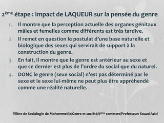 2ème étape : Impact de LAQUEUR sur la pensée du genre
1. Il montre que la perception actuelle des organes génitaux
mâles et femelles comme différents est très tardive.
2. Il remet en question le postulat d’une base naturelle et
biologique des sexes qui servirait de support à la
construction du genre.
3. En fait, il montre que le genre est antérieur au sexe et
que ce dernier est plus de l’ordre du social que du naturel.
4. DONC le genre (sexe social) n’est pas déterminé par le
sexe et le sexe lui-même ne peut plus être appréhendé
comme une réalité naturelle.
Filière de Sociologie de Mohammedia/Genre et société/6ème semestre/Professeur: Souad Azizi
 