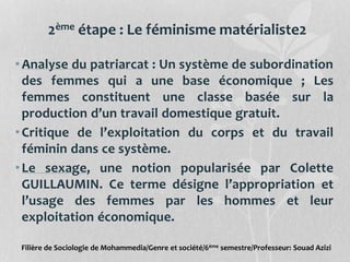 2ème étape : Le féminisme matérialiste2
•Analyse du patriarcat : Un système de subordination
des femmes qui a une base économique ; Les
femmes constituent une classe basée sur la
production d’un travail domestique gratuit.
•Critique de l’exploitation du corps et du travail
féminin dans ce système.
•Le sexage, une notion popularisée par Colette
GUILLAUMIN. Ce terme désigne l’appropriation et
l’usage des femmes par les hommes et leur
exploitation économique.
Filière de Sociologie de Mohammedia/Genre et société/6ème semestre/Professeur: Souad Azizi
 