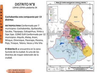 1
EST: J. BLANCA VALLEJOS
DTE: ARQ. PAOLA BORDA
U
B
A
N
I
S
M
O
I
I
DISTRITO N°8
USPHA USPHA subdistrito 34
Cochabamba esta compuesto por 13
distritos
METROPOLITANA Conformada por 7
municipios: Cochabamba, Quillacollo,
Sacaba, Tiquipaya, Colcapirhua, Vinto y
Sipe Sipe. CONO SUR Conformada por 12
municipios: Aiquile, Alalay, Arani,
Mizque, Omereque, Pasorapa, Pocona,
Pojo, Tiraque, Totora, Vacas y Vila Vila.
El Distrito 8 se encuentra en la zona
Sureste de la ciudad. Es uno de los
Distritos de mayor extensión de la
ciudad.
 