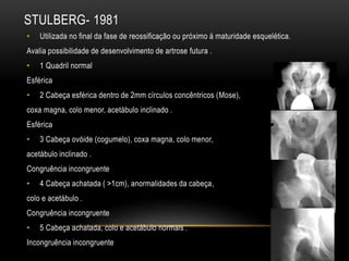 STULBERG- 1981
• Utilizada no final da fase de reossificação ou próximo á maturidade esquelética.
Avalia possibilidade de desenvolvimento de artrose futura .
• 1 Quadril normal
Esférica
• 2 Cabeça esférica dentro de 2mm círculos concêntricos (Mose),
coxa magna, colo menor, acetábulo inclinado .
Esférica
• 3 Cabeça ovóide (cogumelo), coxa magna, colo menor,
acetábulo inclinado .
Congruência incongruente
• 4 Cabeça achatada ( >1cm), anormalidades da cabeça,
colo e acetábulo .
Congruência incongruente
• 5 Cabeça achatada, colo e acetábulo normais .
Incongruência incongruente
 