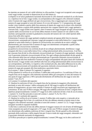 ha riportato un numero di voti validi inferiore in cifra assoluta. I seggi così recuperati sono assegnati
come seggi residui, secondo le disposizioni di cui alla lettera e);
e) dispone in un’unica graduatoria nazionale decrescente le cifre elettorali residuali di cui alla lettera
c), e ripartisce tra le liste i seggi residui, in corrispondenza alle maggiori cifre elettorali residuali,
entro il numero dei seggi attribuiti ad ogni circoscrizione, fino a raggiungere per ciascuna lista il
numero di seggi assegnati ai sensi del numero 4) ovvero del numero 7). L’assegnazione dei seggi
residui viene condotta a partire dalla lista ammessa al riparto dei seggi con la minor cifra elettorale
nazionale. Qualora a seguito delle predette operazioni non vengano ripartiti tutti i seggi spettanti a
ciascuna lista, i seggi residui sono ripartiti, entro il numero dei seggi assegnati ad ogni circoscrizione,
a partire dalla circoscrizione in cui la lista abbia ottenuto il minor numero di voti validi in cifra
assoluta e proseguendo secondo la graduatoria crescente del numero dei voti validi riportati dalla
stessa lista nelle altre regioni;
f) determina il numero dei seggi spettanti complessivamente ad ognuna delle liste in ciascuna
circoscrizione, sommando per ciascuna i seggi già assegnati ai sensi della lettera b) e i seggi residui
spettanti ai sensi della lettera e). Qualora la circoscrizione sia costituita da un unico collegio
plurinominale, per ciascuna lista il numero di seggi così determinato corrisponde a quello infine
assegnato nella circoscrizione medesima.
g) qualora la circoscrizione sia costituita da più di un collegio plurinominale, distribuisce i seggi
assegnati alle liste ai sensi della lettera f) tra i collegi plurinominali della circoscrizione. A tal fine,
per ciascuna lista divide la cifra elettorale circoscrizionale per il numero di seggi spettanti, ottenendo
così il quoziente elettorale circoscrizionale di lista. Per ogni collegio plurinominale divide quindi la
cifra elettorale della lista nel collegio plurinominale per il quoziente elettorale circoscrizionale di
lista, ed assegna alla lista medesima il numero di seggi corrispondente alla parte intera del risultato di
tale divisione. I seggi residui sono attribuiti alla lista nei collegi plurinominali della circoscrizione in
cui corrispondono, nell'ordine, le rispettive cifre residuali più alte, date dalla differenza tra la cifra
elettorale circoscrizionale ed il prodotto del quoziente elettorale circoscrizionale di lista per il
numero di seggi già assegnati alla lista medesima a quoziente intero.
b) al comma 1, dopo il numero 9) è aggiunto il seguente:
«9-bis) Qualora la verifica di cui al numero 5) abbia dato esito positivo e la coalizione di liste o la
singola lista con la maggiore cifra elettorale nazionale abbia già conseguito ai sensi del numero 4)
una quota di seggi superiore a 340 si procede direttamente all’attribuzione dei seggi ai sensi dei
numeri 7-ter), 8) e 9;
c) il comma 2 è sostituito dal seguente:
«2. Qualora la coalizione di liste o la singola lista che ha ottenuto la maggiore cifra elettorale
nazionale ai sensi del comma 1 abbia conseguito più di 340 seggi in seguito all’attribuzione del
premio di maggioranza, ad essa viene sottratto il numero di seggi necessario per raggiungere tale
consistenza. In tale caso l'Ufficio assegna 340 seggi alla suddetta coalizione di liste o singola lista e
ripartisce proporzionalmente i restanti 277 seggi tra le altre coalizioni di liste e liste di cui al comma
1, numero 3). A tal fine procede ai sensi del comma 1, numeri 7), 8), 9) e 10) »
d) il comma 3 è sostituito dal seguente:
«3. Qualora la verifica di cui al comma 1, numero 5) abbia dato esito negativo, si procede ad un
turno di ballottaggio fra le liste o le coalizioni di liste che abbiano ottenuto al primo turno le due
maggiori cifre elettorali nazionali, calcolate ai sensi del comma 1, numeri 1) e 2). I seggi vengono
assegnati secondo le seguenti modalità:
1) alla lista o coalizione di liste che abbia ottenuto il maggior numero di voti al turno di ballottaggio
viene assegnata una quota di seggi pari a 327 seggi. In tale caso l'Ufficio assegna il numero di seggi
così determinato alla suddetta coalizione di liste o singola lista. Divide quindi la cifra elettorale
nazionale della coalizione o della singola lista per il nuovo totale dei seggi assegnati, ottenendo così
il quoziente elettorale nazionale di maggioranza;
2) l'Ufficio procede poi a ripartire proporzionalmente i restanti 290 seggi, tra le altre coalizioni di
6

 