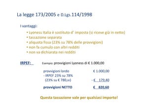 La legge 173/2005 e D.Lgs.114/1998

 I vantaggi:
     • Lyoness Italia è sostituto d’ imposta (si riceve già in netto)
     • tassazione separata
     • aliquota fissa (23% su 78% delle provvigioni)
       aliquota fissa (23% su 78% delle provvigioni)
     • non fa cumulo con altri redditi
     • non va dichiarata nei redditi

 IRPEF:         Esempio: provvigioni Lyoness di € 1.000,00 

                provvigioni lordo                 € 1.000,00
                ‐ IRPEF 23% su 78%
                  (23% su € 780,
                  (23% su € 780 00)              ‐ € 179 40
                                                     179,40
                provvigioni NETTO                 € 820,60

               Questa tassazione vale per qualsiasi importo!
 