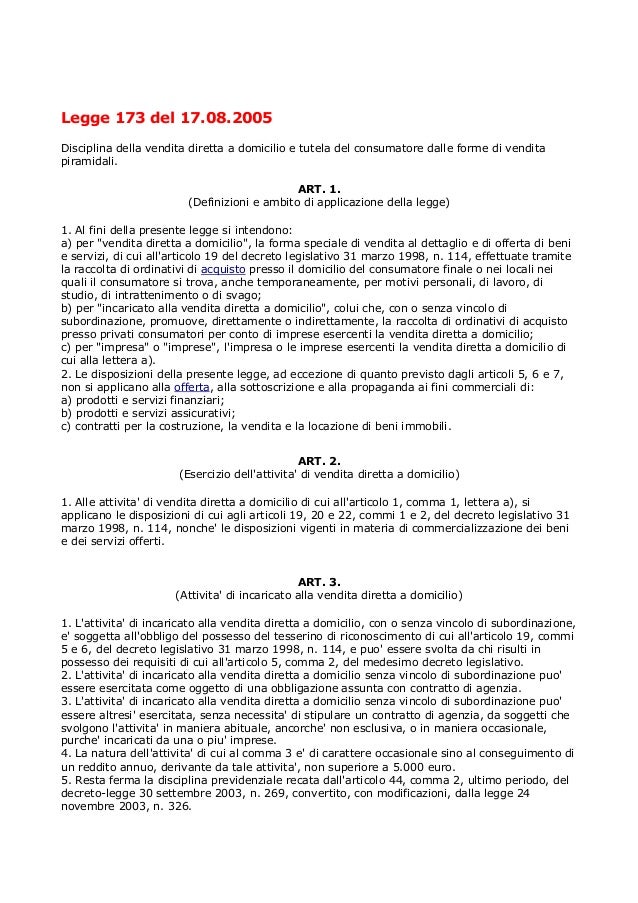 Legge 173 del 17.08.2005 disciplina della vendita diretta e legge ant… Legge 173 del 17.08.2005 disciplina della vendita diretta e legge ant…