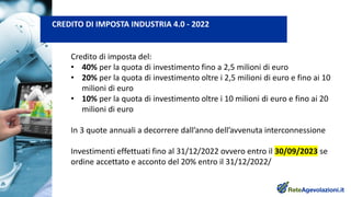 Credito di imposta del:
• 40% per la quota di investimento fino a 2,5 milioni di euro
• 20% per la quota di investimento o...