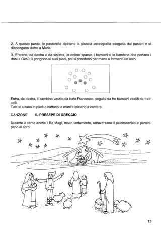 2. A questo punto, le pastorelle ripetono la piccola coreografia eseguita dai pastori e si 
dispongono dietro a Maria. 
3. Entrano, da destra e da sinistra, in ordine sparso, i bambini e le bambine che portano i 
doni a Gesù, li pongono ai suoi piedi, poi si prendono per mano e formano un arco. 
o 
Entra, da destra, il bambino vestito da frate Francesco, seguito da tre bambini vestiti da frati­celli. 
Tutti si alzano in piedi e battono le mani e iniziano a cantare. 
CANZONE: IL PRESEPE DI GRECCIO 
Durante il canto anche i Re Magi, molto lentamente, attraversano il palcoscenico e parteci­pano 
al coro. 
.. ---~_.- ----.------- 
• 
__. :._._~.. - • ~---.:.. ... .:.- 
• 
• 
~---- .. ,-,"".". ---- •• _. --' __ o ' •• 
=- - '... ~=:;~?:. 7.~,~ :-.. --;>-:--,-,":-.. .. . '. . -------- - ~ ----_. • 
, .' ~ _. ... '.'.". -. ...... . ~~~~~~.: ='._-..:..:..:., .. .:.- .::...: ~ ._-_ ...~. _:=--.. -- :=::::::::-- - • _. • • )<.. • -'. - .- ' - - - . - - --- -._- _--'''-''~~'--='-::-=-'. ~.-:~ :.<='::::'~'~~'--;~"':'':'';;' -,- --.-". - ---_._ .. - .--- - - - 
... 1'-- . ~ 
•• o,.~""",, 
l....--i. - ..' . .... ' 
~~i'F'.;::;: ,. • , . - ... -' ... , , 
13 
 