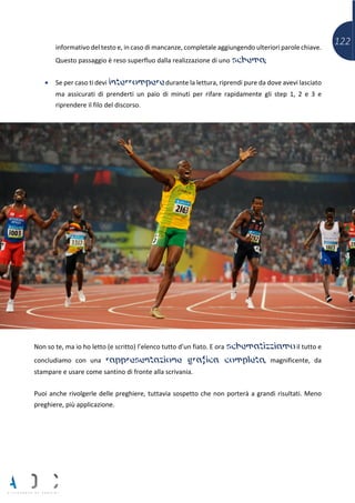 122informativo del testo e, in caso di mancanze, completale aggiungendo ulteriori parole chiave.
Questo passaggio è reso superfluo dalla realizzazione di uno schema;
• Se per caso ti devi interrompere durante la lettura, riprendi pure da dove avevi lasciato
ma assicurati di prenderti un paio di minuti per rifare rapidamente gli step 1, 2 e 3 e
riprendere il filo del discorso.
Non so te, ma io ho letto (e scritto) l’elenco tutto d’un fiato. E ora schematizziamo il tutto e
concludiamo con una rappresentazione grafica completa, magnificente, da
stampare e usare come santino di fronte alla scrivania.
Puoi anche rivolgerle delle preghiere, tuttavia sospetto che non porterà a grandi risultati. Meno
preghiere, più applicazione.
 