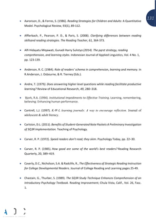 131
• Aaronson, D., & Ferres, S. (1986). Reading Strategies for Children and Adults: A Quantitative
Model. Psychological Review, 93(1), 89-112.
• Afflerbach, P., Pearson, P. D., & Paris, S. (2008). Clarifying differences between reading
skillsand reading strategies. The Reading Teacher, 61, 364-373.
• Alfi Hidayatu Miqawati, Gunadi Harry Sulistyo (2014). The pqrst strategy, reading
comprehension, and learning styles. Indonesian Journal of Applied Linguistics, Vol. 4 No. 1,
pp. 123-139.
• Anderson, R. C. (1984). Role of readers' schema in comprehension, learning and memory. In
R.Anderson, J. Osbourne, & R. Tierney (Eds.).
• Andre, T. (1979). Does answering higher level questions while reading facilitate productive
learning? Review of Educational Research, 49, 280–318.
• Bjork, R.A. (1994). Institutional Impediments to Effective Training. Learning, remembering,
believing: Enhancing human performance.
• Cantrell, L.J. (1997). K-W-L learning journals: A way to encourage reflection. Journal of
adolescent & adult literacy.
• Carlston, D.L. (2011). Benefits of Student-Generated Note Packets A Preliminary Investigation
of SQ3R Implementation. Teaching of Psychology.
• Carver, R. P. (1972). Speed readers don’t read; they skim. Psychology Today, pp. 22–30.
• Carver, R. P. (1985). How good are some of the world’s best readers? Reading Research
Quarterly, 20, 389–419.
• Caverly, D.C., Nicholson, S.A. & Radclife, R., The Effectiveness of Strategic Reading Instruction
for College Developmental Readers. Journal of College Reading and Learning pages 25-49.
• Chastain, G., Thurber, S. (1989). The SQ3R Study Technique Enhances Comprehension of an
Introductory Psychology Textbook. Reading Improvement; Chula Vista, Calif., Vol. 26, Fasc.
1.
 