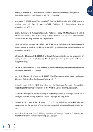 133• Hartley, J., Bartlett, S., & Branthwaite, A. (1980). Underlining can make a difference
sometimes. Journal of Educational Research, 73, 218–224.
• Jacobowitz, T. (1988). Using Theory to Modify Practice: An Illustration with SQ3R. Journal of
Reading Vol. 32, No. 2, pp. 126-131 Published by International Literacy
Association and Wiley.
• Jairam, D., Kiewra, K. A., Rogers-Kasson, S., Patterson-Hazley, M.; Marxhausen, K. (2014).
SOAR versus SQ3R: A Test of Two Study Systems. Instructional Science: An International
Journal of the Learning Sciences, v42 n3 p409-420.
• Johns, J.L. and McNamara, L.P. (1980). The SQ3R Study Technique: A Forgotten Research
Target. Journal of Reading Vol. 23, No. 8, pp. 705-708 Published by: International Literacy
Association and Wiley.
• Johnston, P., & Pearson, P. D. (1982). Prior knowledge, connectivity, and the assessment of
reading comprehension (Tech. Rep. No. 245). Urbana: University of Illinois, Center for the
Study of Reading.
• Just, M. A., Carpenter, P. A. (1980). A theory of reading: From eye fixations to comprehension.
Psychological Review, 87, 329–354.
• Just, M.A., Masson, M., Carpenter, P. (1980). The differences between speed reading and
skimming. Bulletin of the Psychonomic Society, 16, 171.
• Kopfstein, R.W. (2016). SQ3R: Reworking an Old Technique for Brain Compatibility.
Proceedings of the annual conference of the Western College Reading Association.
• Kouider Mokhtari (2018). Prior Knowledge Fuels the Deployment of Reading Comprehension
Strategies. The TESOL Encyclopedia of English Language Teaching, 1-10.
• Kulhavy, R. W., Dyer, J. W., & Silver, L. (1975). The effects of notetaking and text
expectations on the learning of text material. Journal of Educational Research, 68, 363–
365.
• Marsh, E. J.; Butler, A. C. (2014). Memory in educational settings. Chapter in D. Reisberg (Ed.)
Oxford Handbook of Cognitive Psychology. pp. 299–317.
 