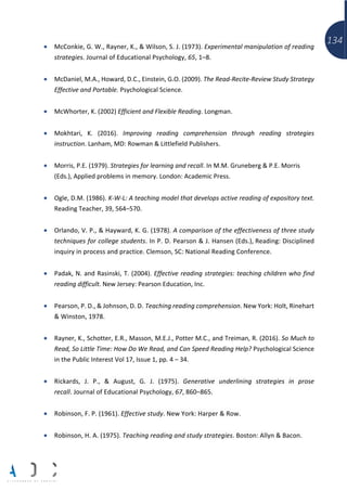 134• McConkie, G. W., Rayner, K., & Wilson, S. J. (1973). Experimental manipulation of reading
strategies. Journal of Educational Psychology, 65, 1–8.
• McDaniel, M.A., Howard, D.C., Einstein, G.O. (2009). The Read-Recite-Review Study Strategy
Effective and Portable. Psychological Science.
• McWhorter, K. (2002) Efficient and Flexible Reading. Longman.
• Mokhtari, K. (2016). Improving reading comprehension through reading strategies
instruction. Lanham, MD: Rowman & Littlefield Publishers.
• Morris, P.E. (1979). Strategies for learning and recall. In M.M. Gruneberg & P.E. Morris
(Eds.), Applied problems in memory. London: Academic Press.
• Ogle, D.M. (1986). K-W-L: A teaching model that develops active reading of expository text.
Reading Teacher, 39, 564–570.
• Orlando, V. P., & Hayward, K. G. (1978). A comparison of the effectiveness of three study
techniques for college students. In P. D. Pearson & J. Hansen (Eds.), Reading: Disciplined
inquiry in process and practice. Clemson, SC: National Reading Conference.
• Padak, N. and Rasinski, T. (2004). Effective reading strategies: teaching children who find
reading difficult. New Jersey: Pearson Education, Inc.
• Pearson, P. D., & Johnson, D. D. Teaching reading comprehension. New York: Holt, Rinehart
& Winston, 1978.
• Rayner, K., Schotter, E.R., Masson, M.E.J., Potter M.C., and Treiman, R. (2016). So Much to
Read, So Little Time: How Do We Read, and Can Speed Reading Help? Psychological Science
in the Public Interest Vol 17, Issue 1, pp. 4 – 34.
• Rickards, J. P., & August, G. J. (1975). Generative underlining strategies in prose
recall. Journal of Educational Psychology, 67, 860–865.
• Robinson, F. P. (1961). Effective study. New York: Harper & Row.
• Robinson, H. A. (1975). Teaching reading and study strategies. Boston: Allyn & Bacon.
 