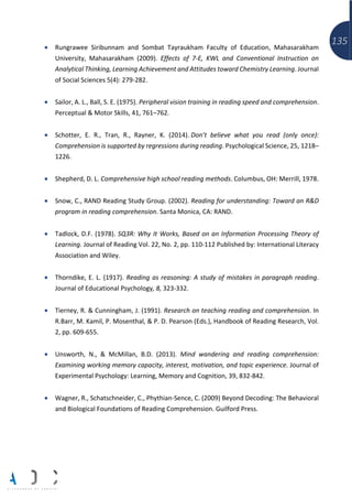 135• Rungrawee Siribunnam and Sombat Tayraukham Faculty of Education, Mahasarakham
University, Mahasarakham (2009). Effects of 7-E, KWL and Conventional Instruction on
Analytical Thinking, Learning Achievement and Attitudes toward Chemistry Learning. Journal
of Social Sciences 5(4): 279-282.
• Sailor, A. L., Ball, S. E. (1975). Peripheral vision training in reading speed and comprehension.
Perceptual & Motor Skills, 41, 761–762.
• Schotter, E. R., Tran, R., Rayner, K. (2014). Don’t believe what you read (only once):
Comprehension is supported by regressions during reading. Psychological Science, 25, 1218–
1226.
• Shepherd, D. L. Comprehensive high school reading methods. Columbus, OH: Merrill, 1978.
• Snow, C., RAND Reading Study Group. (2002). Reading for understanding: Toward an R&D
program in reading comprehension. Santa Monica, CA: RAND.
• Tadlock, D.F. (1978). SQ3R: Why It Works, Based on an Information Processing Theory of
Learning. Journal of Reading Vol. 22, No. 2, pp. 110-112 Published by: International Literacy
Association and Wiley.
• Thorndike, E. L. (1917). Reading as reasoning: A study of mistakes in paragraph reading.
Journal of Educational Psychology, 8, 323-332.
• Tierney, R. & Cunningham, J. (1991). Research on teaching reading and comprehension. In
R.Barr, M. Kamil, P. Mosenthal, & P. D. Pearson (Eds.), Handbook of Reading Research, Vol.
2, pp. 609-655.
• Unsworth, N., & McMillan, B.D. (2013). Mind wandering and reading comprehension:
Examining working memory capacity, interest, motivation, and topic experience. Journal of
Experimental Psychology: Learning, Memory and Cognition, 39, 832-842.
• Wagner, R., Schatschneider, C., Phythian-Sence, C. (2009) Beyond Decoding: The Behavioral
and Biological Foundations of Reading Comprehension. Guilford Press.
 