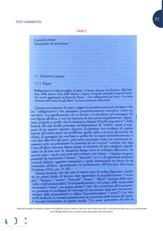 81
TESTI UMANISTICI
CASO 3
Tratto dal manuale di Semiotica inviatomi da Guglielmo Ercole De Simone. (Non fare caso al fatto che sia blu, da ba dee da ba daa, ecco, e ora il tormentone
anni ’90 degli Eiffel 65 non mi uscirà mai più dal cervello. Altro che studio.)
 