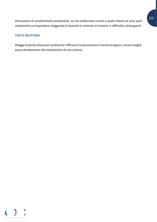 94elencazione di caratteristiche anatomiche, se non evidenziassi anche a quale sistema le varie parti
anatomiche corrispondono rileggendo (o facendo lo schema) mi troverei in difficoltà a distinguerli.
STEP 6: RILETTURA
Rileggo le parole chiave per verificarne l’efficacia e la persistenza in memoria oppure, ancora meglio,
passo direttamente alla realizzazione di uno schema.
 