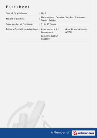 A Member of
F a c t s h e e t
Year of Establishment : 2012
Nature of Business :
Manufacturer, Exporter, Supplier, Wholesaler,
Trader, Retailer
Total Number of Employees : 11 to 25 People
Primary Competitive Advantage : Experienced R & D
Department
Good Financial Position
& TQM
Large Production
Capacity
 